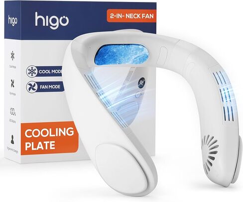 مروحة الرقبة HIGO مع لوحة تبريد، مكيف هواء للرقبة، مروحة تبريد للرقبة 2 في 1 محمولة قابلة لإعادة الشحن، مروحة شخصية يمكن ارتداؤها، بطارية كبيرة 4400 مللي أمبير في الساعة، تصميم مريح، أبيض in Kuwait