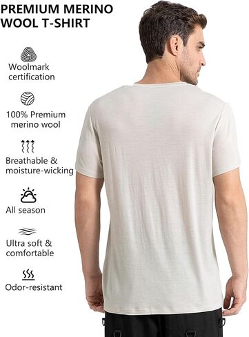 innotree Men's Merino Wool T-Shirt, 100% Organic Merino Wool Undershirt Lightweight Crew Short Base Layer for Hiking,Black,Medium in Saudi Arabia