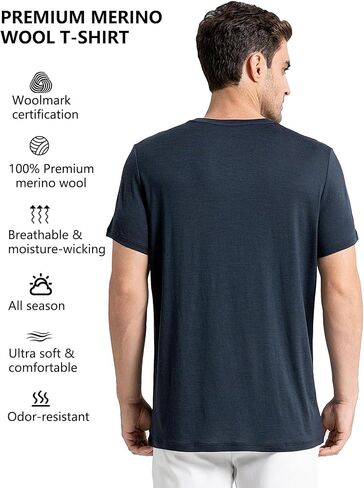 innotree Men's Merino Wool T-Shirt, 100% Organic Merino Wool Undershirt Lightweight Crew Short Base Layer for Hiking,Black,Medium in Saudi Arabia