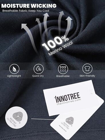 innotree Men's Merino Wool T-Shirt, 100% Organic Merino Wool Undershirt Lightweight Crew Short Base Layer for Hiking,Black,Medium in Saudi Arabia