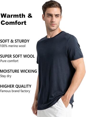 innotree Men's Merino Wool T-Shirt, 100% Organic Merino Wool Undershirt Lightweight Crew Short Base Layer for Hiking,Black,Medium in Saudi Arabia