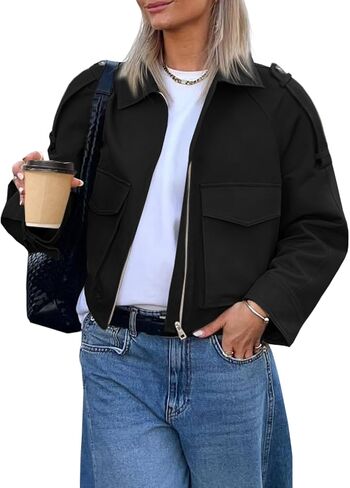 Tankaneo Womens Cropped Casual Jackets Zip Up Lightweight Utility Anorak Coat Military Safari Short Jacket with Pockets in Saudi Arabia