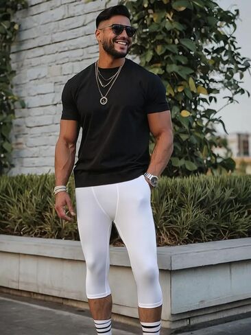 Men's White Compression Shorts Mid Thigh Running Pants Baselayer Dry Workout Lightweight Athletic Training Sports Tights in Saudi Arabia
