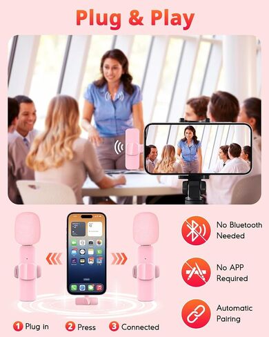 Pink Mini Wireless Microphone for iPhone & Android, Lavalier Microphone with Noise Cancellation, Plug & Play Pink Mic for YouTube, TikTok, Podcast, Live Stream in Saudi Arabia