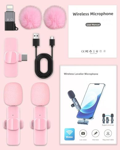 Pink Mini Wireless Microphone for iPhone & Android, Lavalier Microphone with Noise Cancellation, Plug & Play Pink Mic for YouTube, TikTok, Podcast, Live Stream in Saudi Arabia