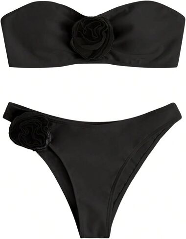 Women's 3D Floral Strapless Bandeau Bikini Set Swimsuit Bathing Suits in Saudi Arabia