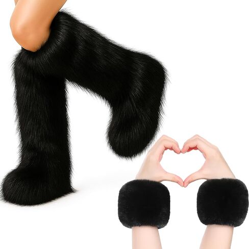 Berlune 2 Pairs Faux Fur Leg Warmers Fuzzy Fur Cuffs Fluffy Wrist Boot Cuffs for Women Girls Halloween Christmas Costume in Saudi Arabia