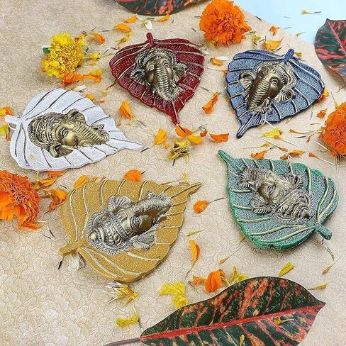 SATVIK Metal Pan Patta Ganesh Decorative Wall Hanging Showpiece Lord Ganesha on Leaf Home Decor. Indian Housewarming Return gift for bulk. Figurine pooja decoration item in Saudi Arabia