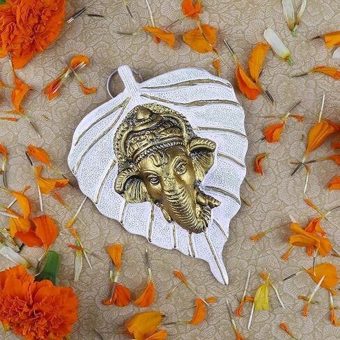 SATVIK Metal Pan Patta Ganesh Decorative Wall Hanging Showpiece Lord Ganesha on Leaf Home Decor. Indian Housewarming Return gift for bulk. Figurine pooja decoration item in Saudi Arabia