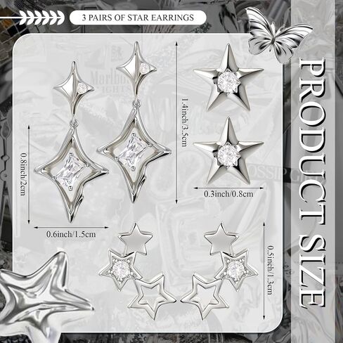 Nosiny 3 PCS y2k أقراط مجموعة Goth Punk Grunge Star Earrings Silver Post Star Stud Jewelry Jewelry Jewelry Y2K for Women Daily Party Birthday Date Tugening Gift in Saudi Arabia