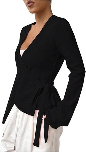 Verdusa Women's V Neck Wrap Tie Front Cardigan Sweaters Casual Knit Outerwear in Saudi Arabia