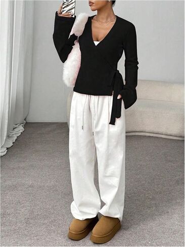 Verdusa Women's V Neck Wrap Tie Front Cardigan Sweaters Casual Knit Outerwear in Saudi Arabia