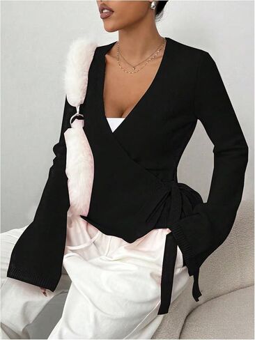 Verdusa Women's V Neck Wrap Tie Front Cardigan Sweaters Casual Knit Outerwear in Saudi Arabia