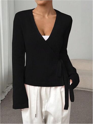 Verdusa Women's V Neck Wrap Tie Front Cardigan Sweaters Casual Knit Outerwear in Saudi Arabia