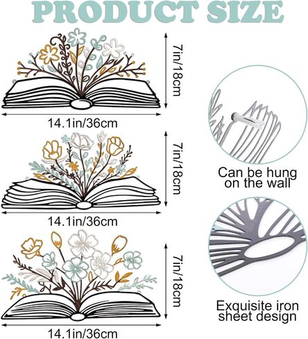 Honeydak 3 PCS قراءة المعادن كتاب زهرة جدار الفن ديكور جدار أسود معلقة ديكور مكتبة علامة صورة ظلية عشاق المعلم هدية الجدار منحوتات للمنزل غرفة المعيشة غرفة نوم غرفة نوم in Saudi Arabia