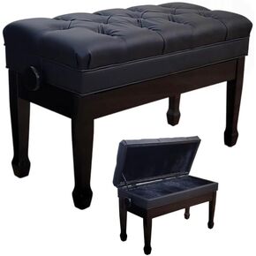 Maestro 1G PE, Solid Wood Adjustable Piano Bench, Duet 30" Long, 14" Wide, Premium Bonded Leather Seat with Deep Diamond Tufted Buttons, Storage, Spade Legs, Polished Ebony Finish in Saudi Arabia