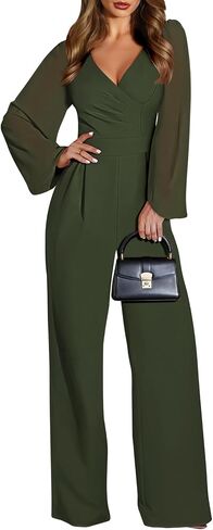 Pink Queen Jumpsuits for Women Dressy Patchwork Chiffon Sleeve V Neck Wide Leg Romper One Piece Trendy Outfits in Saudi Arabia