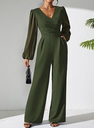 Pink Queen Jumpsuits for Women Dressy Patchwork Chiffon Sleeve V Neck Wide Leg Romper One Piece Trendy Outfits in Saudi Arabia