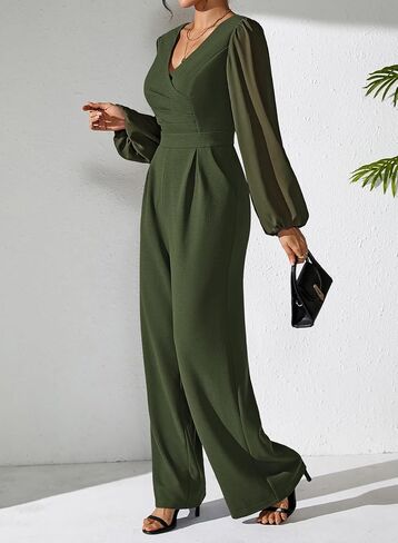 Pink Queen Jumpsuits for Women Dressy Patchwork Chiffon Sleeve V Neck Wide Leg Romper One Piece Trendy Outfits in Saudi Arabia