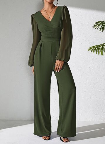 Pink Queen Jumpsuits for Women Dressy Patchwork Chiffon Sleeve V Neck Wide Leg Romper One Piece Trendy Outfits in Saudi Arabia