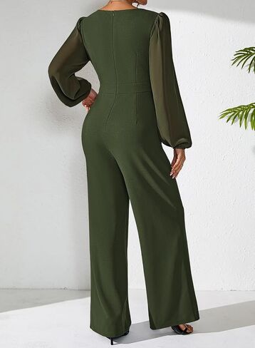 Pink Queen Jumpsuits for Women Dressy Patchwork Chiffon Sleeve V Neck Wide Leg Romper One Piece Trendy Outfits in Saudi Arabia
