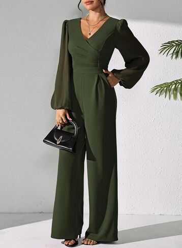 Pink Queen Jumpsuits for Women Dressy Patchwork Chiffon Sleeve V Neck Wide Leg Romper One Piece Trendy Outfits in Saudi Arabia