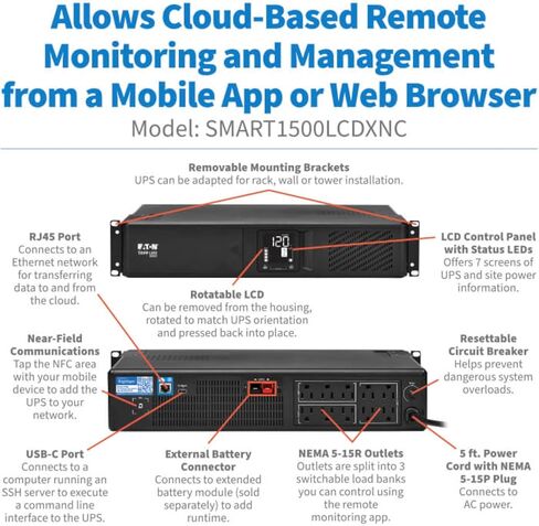 Tripp Lite Eaton Series Smart750LCDNC Cloud 750VA Rack Rack Battery Bustice ، الإدارة والمراقبة عن بُعد عبر الإنترنت ، 475W 120V ، 8 منافذ ، 2U Rackmount ، ضمان لمدة 3 سنوات in Kuwait