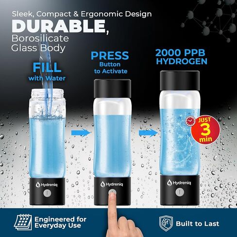 Hydrogen Water Bottle Generator, 2000PPB SPE/PEM Tech, USB-C Rechargeable, Self-Cleaning, Portable 420ml Hydrogen Glass Water Bottle, Hydrogen Water Generator & Ionizer for Health in Saudi Arabia
