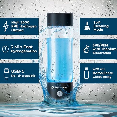 Hydrogen Water Bottle Generator, 2000PPB SPE/PEM Tech, USB-C Rechargeable, Self-Cleaning, Portable 420ml Hydrogen Glass Water Bottle, Hydrogen Water Generator & Ionizer for Health in Saudi Arabia
