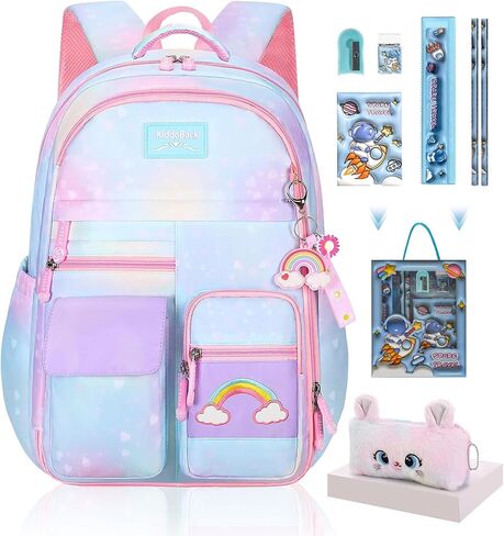 Kawaii Rainbow Backpack for Girls – Cute Starry School Bags for Kids & Teens with Plush Pen Case & 6-Piece Study Supplies Set, Children's Bookbag for Elementary – Pink 17inch in Saudi Arabia