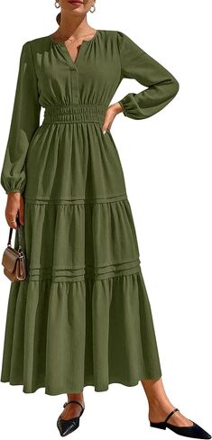 PRETTYGARDEN Women's 2025 Elegant Maxi Dresses Long Sleeve V Neck Flowy Pockets Casual Modest Dress Fall Fashion Clothes in Saudi Arabia