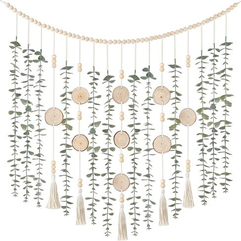 Dahey Hanging Artificial Eucalyptus Plant Boho Wall Decor Wooden Bead Garland with Fake Greenery Leaves Rustic Farmhouse Wall Art for Bathroom Living Dining Room Nursery Bedroom Kitchen Decoration in Saudi Arabia