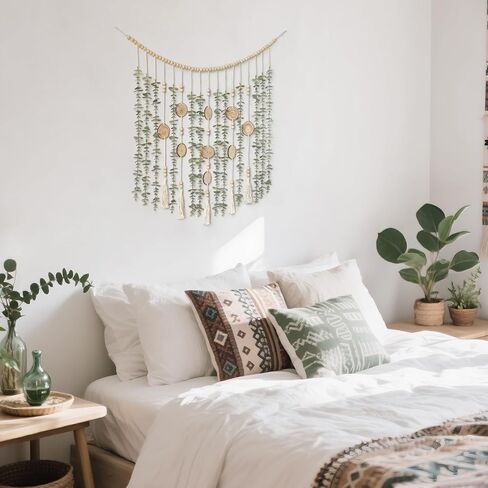 Dahey Hanging Artificial Eucalyptus Plant Boho Wall Decor Wooden Bead Garland with Fake Greenery Leaves Rustic Farmhouse Wall Art for Bathroom Living Dining Room Nursery Bedroom Kitchen Decoration in Saudi Arabia