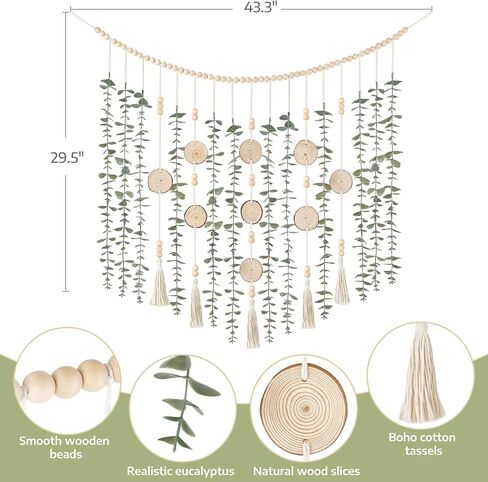Dahey Hanging Artificial Eucalyptus Plant Boho Wall Decor Wooden Bead Garland with Fake Greenery Leaves Rustic Farmhouse Wall Art for Bathroom Living Dining Room Nursery Bedroom Kitchen Decoration in Saudi Arabia
