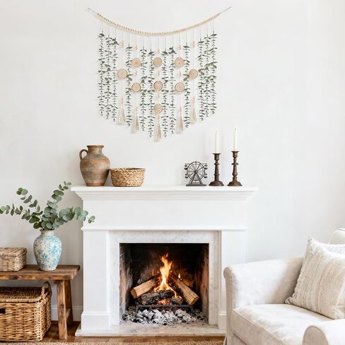 Dahey Hanging Artificial Eucalyptus Plant Boho Wall Decor Wooden Bead Garland with Fake Greenery Leaves Rustic Farmhouse Wall Art for Bathroom Living Dining Room Nursery Bedroom Kitchen Decoration in Saudi Arabia