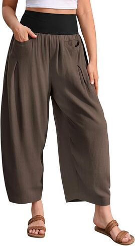 Tarse Linen Linen Harem Pants فضفاضة تناسب بنطلون سراويل عريضة الساق مع جيوب in Kuwait