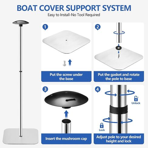 Boat Cover Support Poles &System, Height Adjustable 304 Stainless Steel, with Heavy Duty Base-Boat tarp Support Pole for Pontoon V Hull Jon Boat (1) in Saudi Arabia