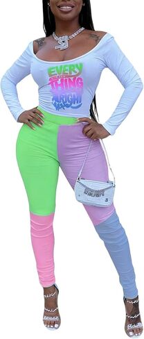 Remelon Womens 2 Piece Sweatsuits Color Block Long Sleeve Crop Top Leggings Workout Set Tracksuit Loungewear in Kuwait