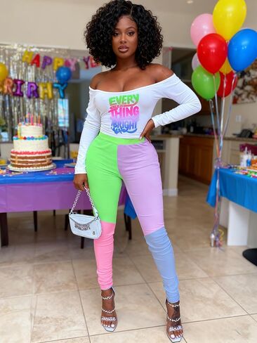 Remelon Womens 2 Piece Sweatsuits Color Block Long Sleeve Crop Top Leggings Workout Set Tracksuit Loungewear in Kuwait