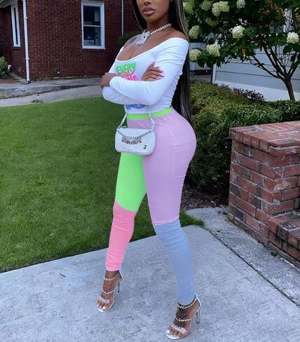 Remelon Womens 2 Piece Sweatsuits Color Block Long Sleeve Crop Top Leggings Workout Set Tracksuit Loungewear in Kuwait