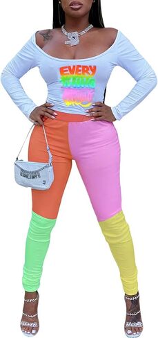 Remelon Womens 2 Piece Sweatsuits Color Block Long Sleeve Crop Top Leggings Workout Set Tracksuit Loungewear in Saudi Arabia