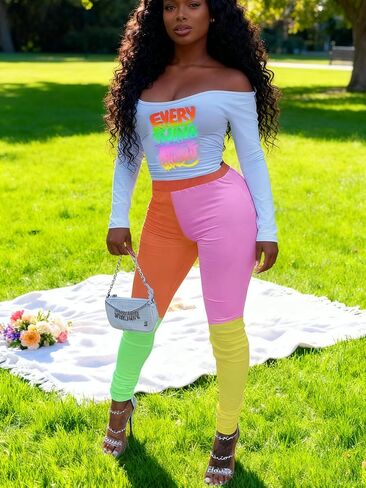 Remelon Womens 2 Piece Sweatsuits Color Block Long Sleeve Crop Top Leggings Workout Set Tracksuit Loungewear in Saudi Arabia