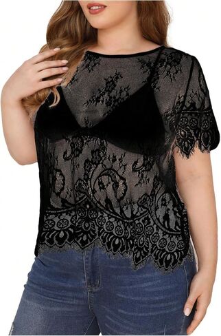 WDIRARA Women's Plus Size Sheer Mesh Lace Top Sexy Scallop Trim Blouse in Saudi Arabia