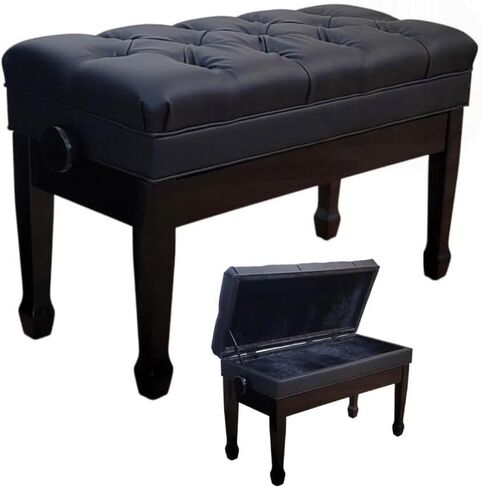 Maestro 1G PE, Solid Wood Adjustable Piano Bench, Duet 30" Long, 14" Wide, Premium Bonded Leather Seat with Deep Diamond Tufted Buttons, Storage, Spade Legs, Polished Ebony Finish in Saudi Arabia