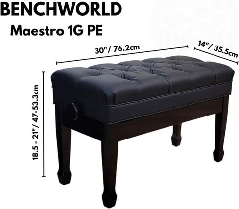 Maestro 1G PE, Solid Wood Adjustable Piano Bench, Duet 30" Long, 14" Wide, Premium Bonded Leather Seat with Deep Diamond Tufted Buttons, Storage, Spade Legs, Polished Ebony Finish in Saudi Arabia