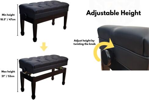 Maestro 1G PE, Solid Wood Adjustable Piano Bench, Duet 30" Long, 14" Wide, Premium Bonded Leather Seat with Deep Diamond Tufted Buttons, Storage, Spade Legs, Polished Ebony Finish in Saudi Arabia