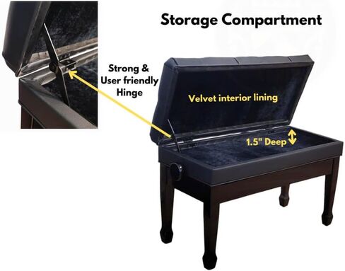 Maestro 1G PE, Solid Wood Adjustable Piano Bench, Duet 30" Long, 14" Wide, Premium Bonded Leather Seat with Deep Diamond Tufted Buttons, Storage, Spade Legs, Polished Ebony Finish in Saudi Arabia
