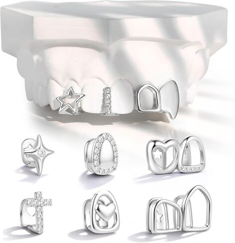 9pcs 16k Gold Gold Glated Grillz Caps for Women Men Fake Tooth Grill مجموعة أدوات المجوهرات للأسنان للأسنان Hip Hop Vampire Party Grillz Single Grillz مع قضبان القضبان النجمة Fang Heart Cap in Kuwait