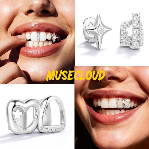 9pcs 16k Gold Gold Glated Grillz Caps for Women Men Fake Tooth Grill مجموعة أدوات المجوهرات للأسنان للأسنان Hip Hop Vampire Party Grillz Single Grillz مع قضبان القضبان النجمة Fang Heart Cap in Kuwait