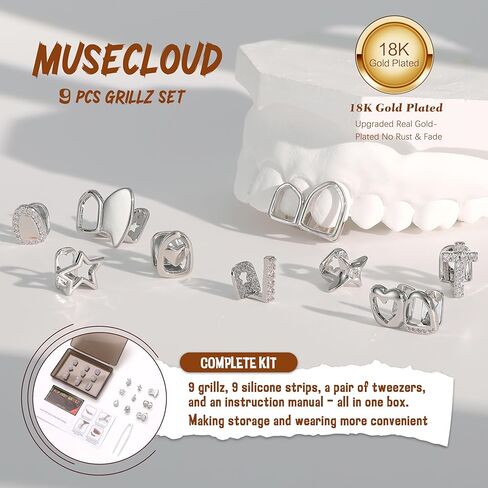 9pcs 16k Gold Gold Glated Grillz Caps for Women Men Fake Tooth Grill مجموعة أدوات المجوهرات للأسنان للأسنان Hip Hop Vampire Party Grillz Single Grillz مع قضبان القضبان النجمة Fang Heart Cap in Kuwait